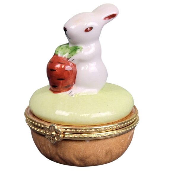 Vintage Porcelain Hinged Trinket Box Rabbit Garden Easter Decor Jewelry Storage - Picture 1 of 13